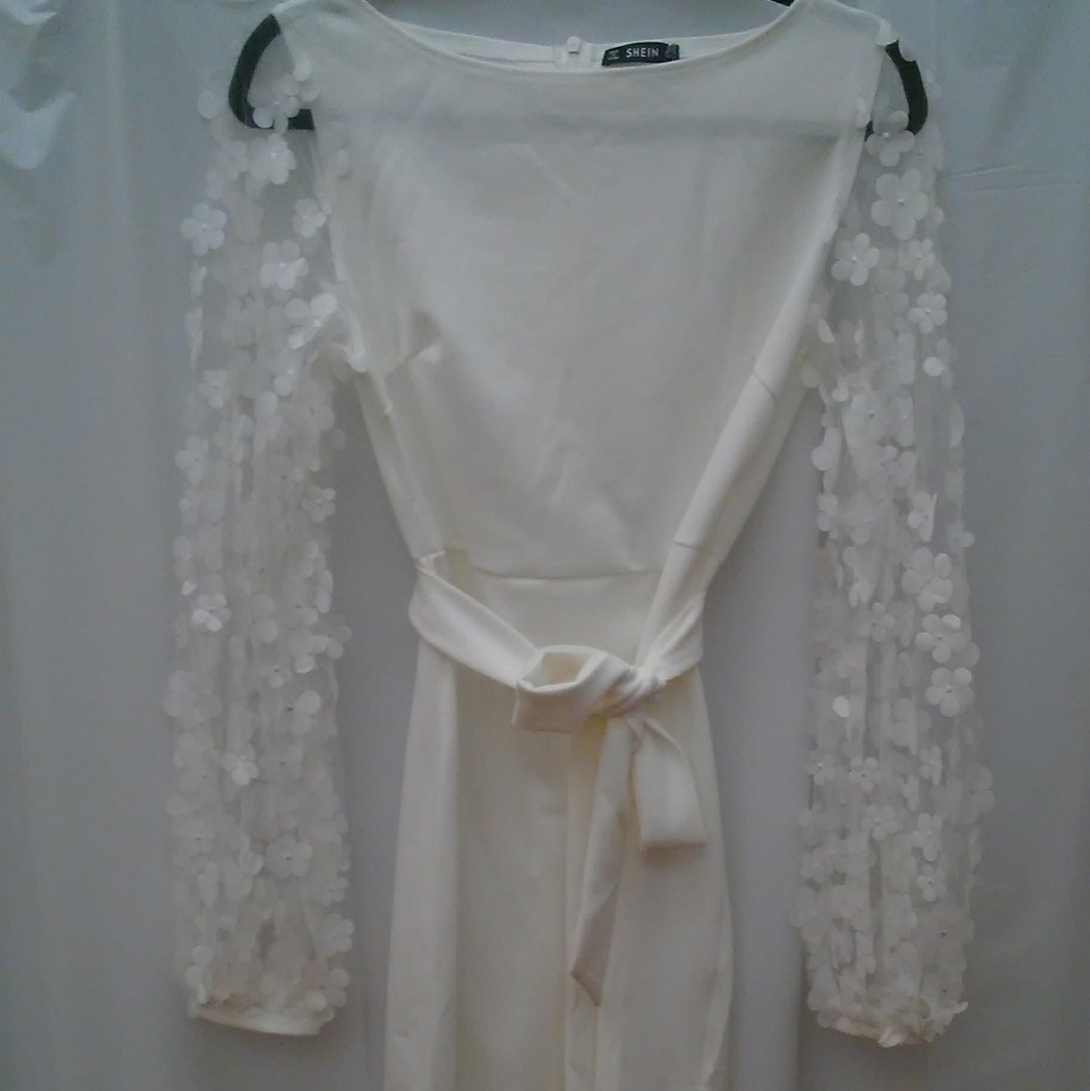 Simple white dress with Lace flower detailed arms